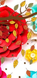 Vibrant red and yellow floral design with autumn leaves.