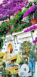 Colorful balcony with vibrant purple flowers and lush greenery.