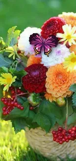 Colorful basket of flowers with butterfly.