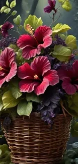 Vibrant floral basket with red hibiscus and green leaves.