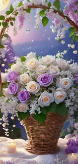 Elegant wallpaper featuring a floral basket with roses and candles.