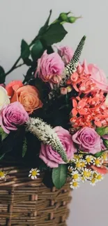 Vibrant basket of colorful roses and flowers in a rustic setting.