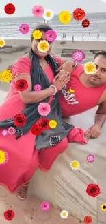 Couple in vibrant red with floral overlay at the beach.