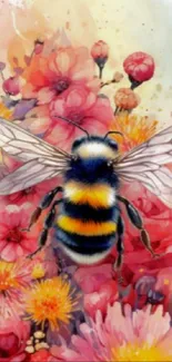 Vibrant bee flying among colorful flowers.