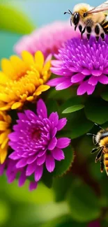 Bees buzzing around vibrant pink and yellow flowers.