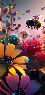 Vibrant floral scene with bees in colorful light.