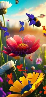 Vibrant wallpaper of colorful flowers and buzzing bees in sunlight.