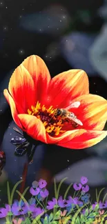 Vibrant orange flower with a bee, set against a starlit sky.