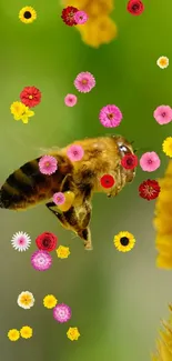 Bee surrounded by colorful flowers on green background.