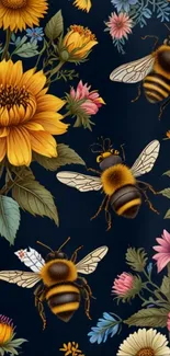 Floral and bee design on dark background wallpaper.