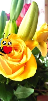 Cheerful bee and vibrant yellow roses mobile wallpaper.