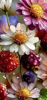 Colorful flowers and berries with dewdrops.