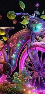 Vibrant floral bicycle art with glowing purple wheels and lush greenery.