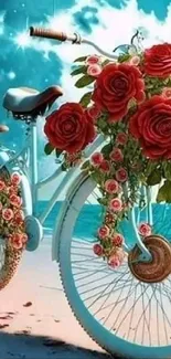 Bicycle adorned with red roses against a turquoise sky background.