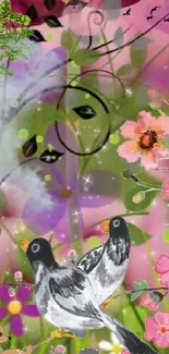 Beautiful wallpaper with birds and vibrant floral design.