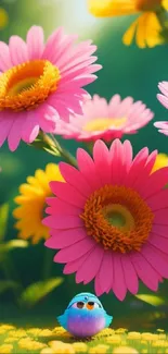 Colorful daisies and a cute bird in sunlight on a nature-themed wallpaper.