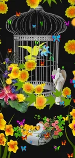 Colorful floral and birdcage mobile wallpaper with dark background.