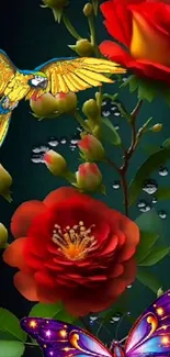 Vibrant wallpaper featuring red roses, a parrot, and a butterfly.