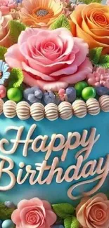 Floral birthday cake with colorful flowers and 'Happy Birthday' message.