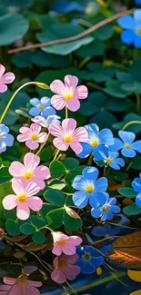 Pink and blue flowers with lush green leaves.