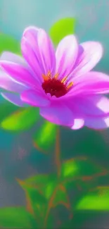 Pink blossom with vibrant green leaves on a serene background.