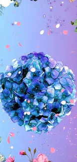 Vibrant mobile wallpaper with a blue hydrangea sphere and colorful flowers.