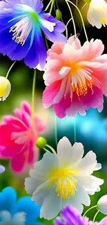 Vibrant mobile wallpaper with colorful floral blooms and a blurred garden background.