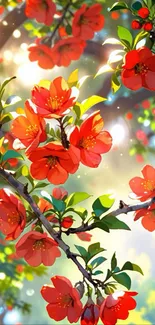 Vibrant red blossoms with lush green leaves in sunlight.