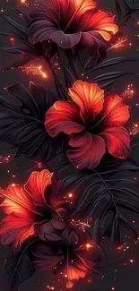 Vibrant wallpaper featuring red flowers against dark background.
