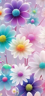 Vibrant 3D floral wallpaper with colorful blossoms.