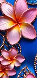 Vibrant floral wallpaper with pink flowers and blue background.