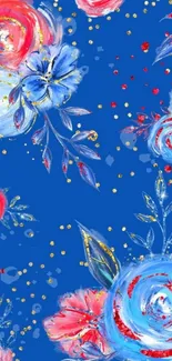 Hand-painted floral design on blue background wallpaper.