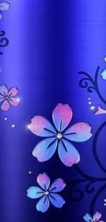 Vibrant floral wallpaper with blue background and elegant swirls.