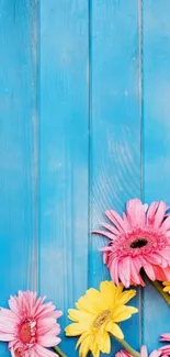 Vibrant blue background with colorful flowers on wooden panels.