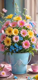 A vibrant floral bouquet in a pastel blue bucket with colorful flowers.