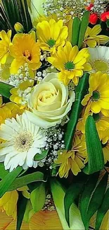 Bright yellow and white floral bouquet wallpaper with green leaves.