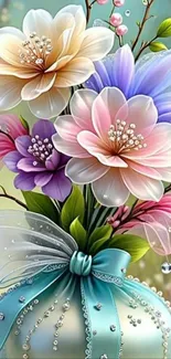 A vibrant floral bouquet in a decorative vase with various colorful blossoms.