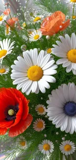 Vibrant bouquet of daisies and poppies wallpaper.