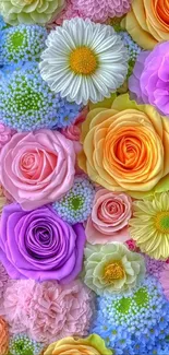 Vibrant floral arrangement with colorful roses and daisies.