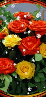 Vibrant orange and yellow rose bouquet wallpaper.