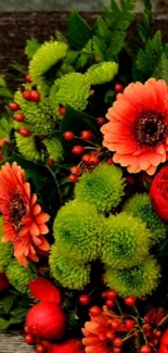 Vibrant floral bouquet with orange and green hues.