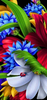 Colorful floral bouquet wallpaper with red, blue, and yellow flowers on black.