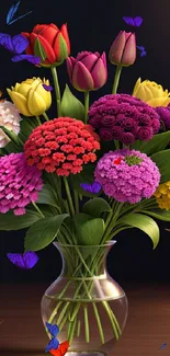 Vase with vibrant and colorful flowers on a dark background.