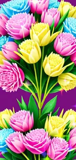 Vibrant floral bouquet with colorful flowers on a purple background.