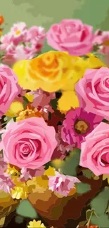 Vibrant pink roses and yellow flowers in a lush bouquet wallpaper.