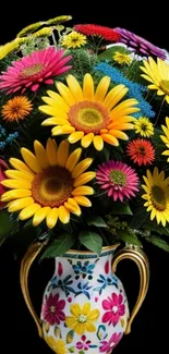 Vibrant floral bouquet in decorative vase with sunflowers and daisies.