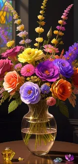 Vibrant bouquet of colorful flowers in a glass vase on a table.