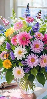 Vibrant floral bouquet with pink and purple flowers by the window.