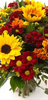 Bright floral bouquet with sunflowers and daisies, showcasing vibrant colors.