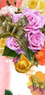 Vibrant roses bouquet with butterfly design in pink hues.